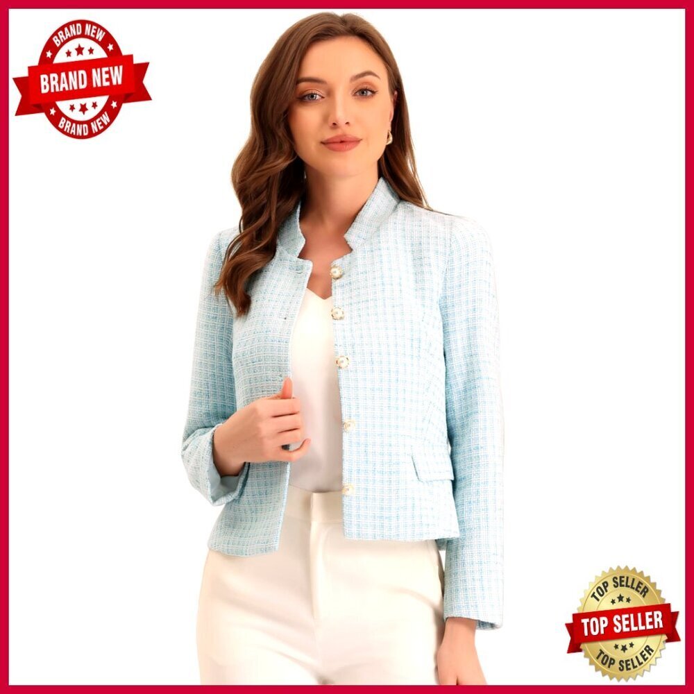 Plaid Tweed Blazer Short Jacket Long Sleeve Button Down Work Office